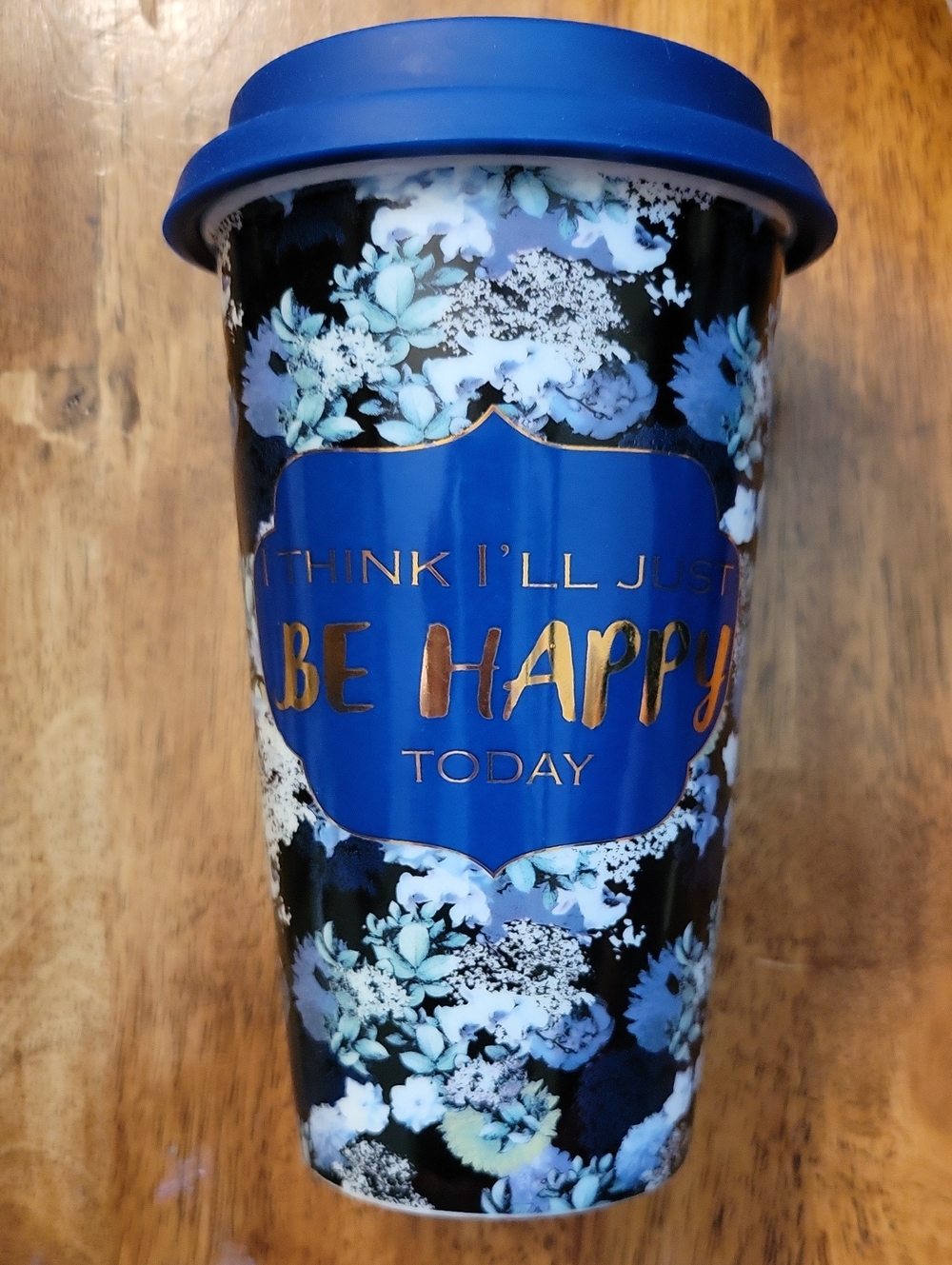 Charming Charlie Blue and Gold Floral 'Be Happy' Travel Mug With Lid NWOT
